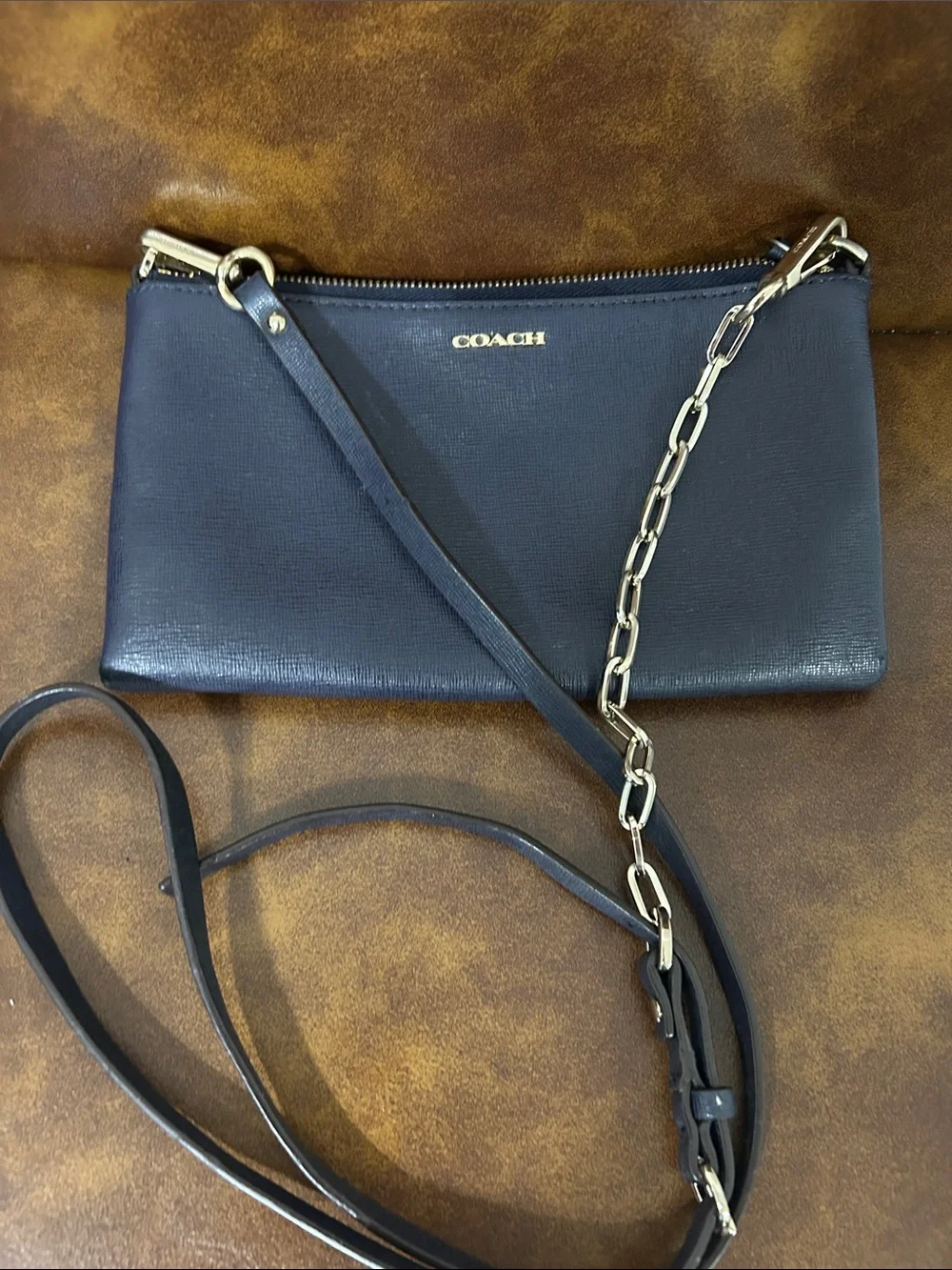 COACH Navy Leather Crossbody with Gold Chain Strap